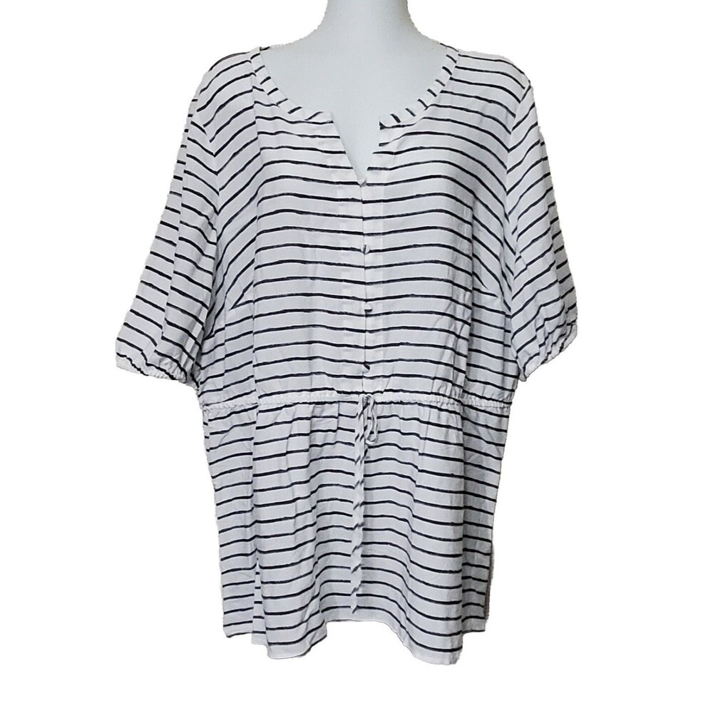 Lane Bryant Top Womens 20 White Gray Striped Tie Waist Button Front Blouse